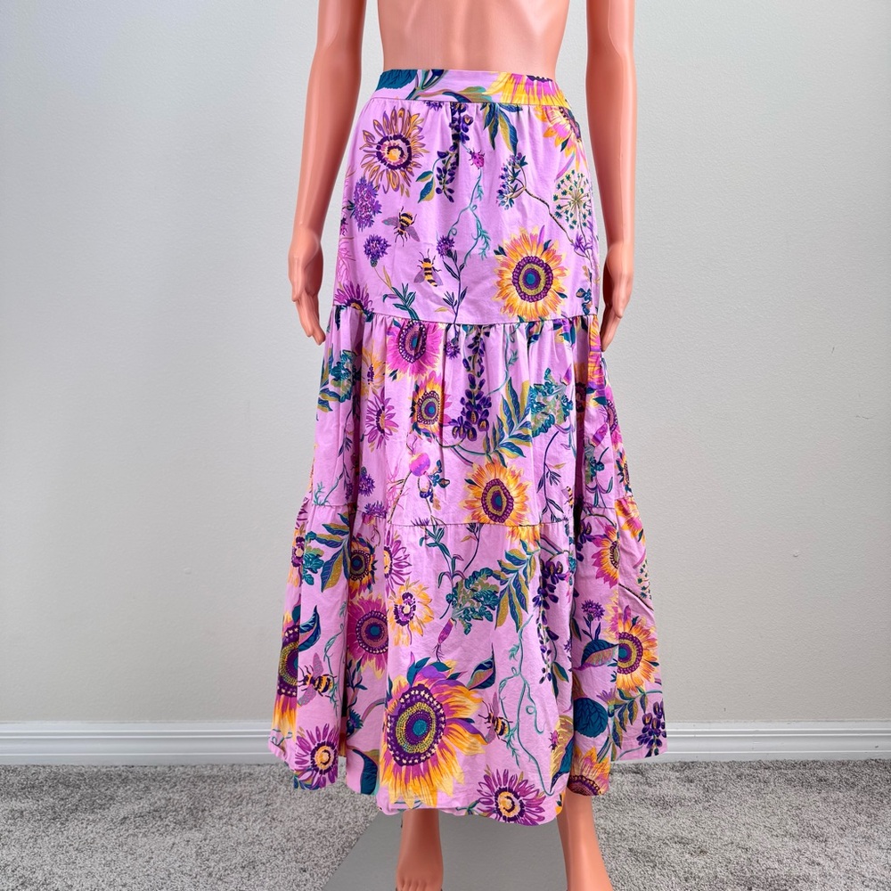 ELIE TAHARI Bohemian Floral Tiered Full Maxi Skirt Pink